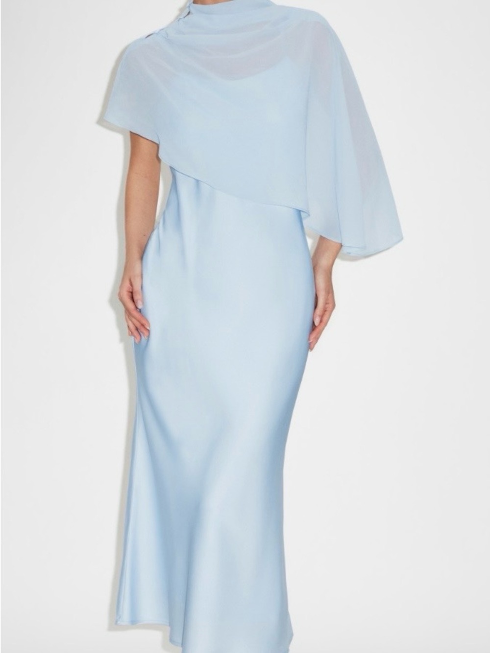 Cider-Elegant Light Blue Cape Overlay Evening Dress-size medium